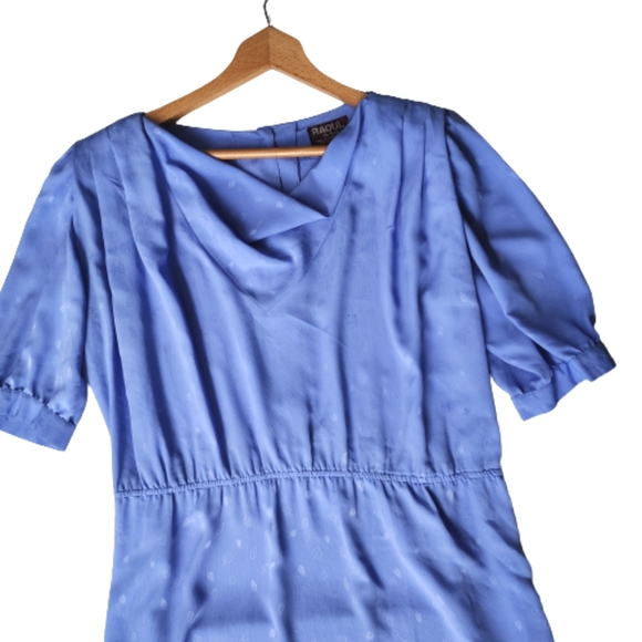 Vintage 80's Raoul Blue Drape Front Puffed Short Sleeve Mid-length Dress ♥️ - Picture 3 of 14